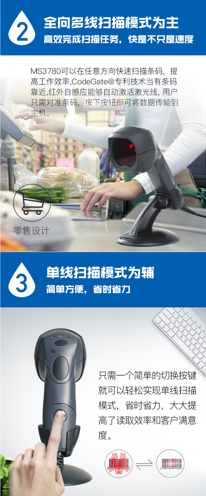 Hoenywell MS3780 扫描枪拥有*向多线扫描与单线扫描两种模式